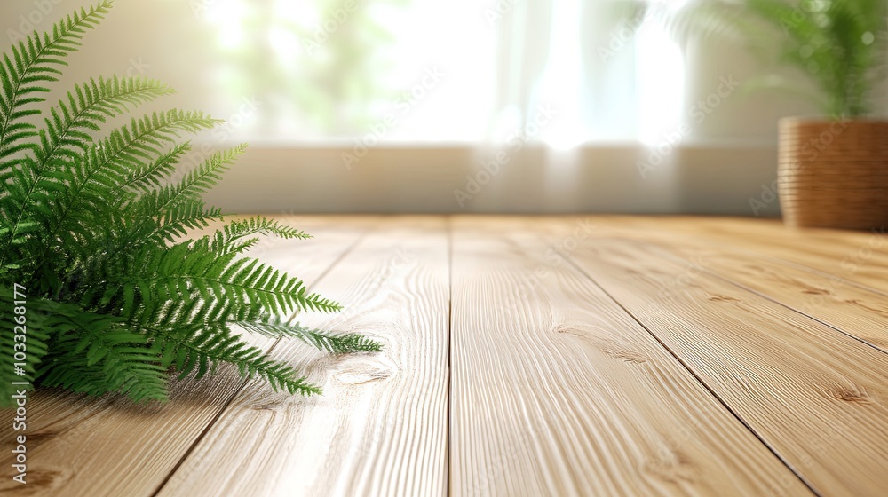 Wooden floor is made of beautifully patterned wood and fern leaves are made of plastic placed on the side. Make image blur on the left side. copy space for text Wooden floor is made of beautifully patterned wood and fern leaves are made of plastic placed on the side. Make image blur on the left side. copy space for text