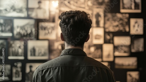 A contemplative man observes historical displays highlighting key moments in environmental activism.