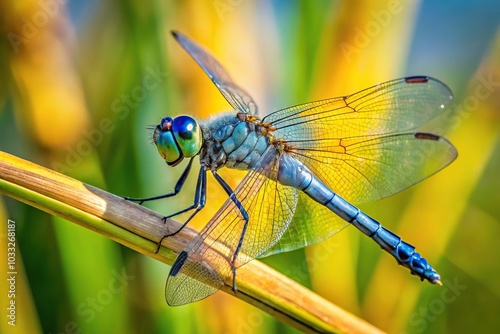 Blue Dasher Dragonfly clinging to a phragmite in wide-angle view