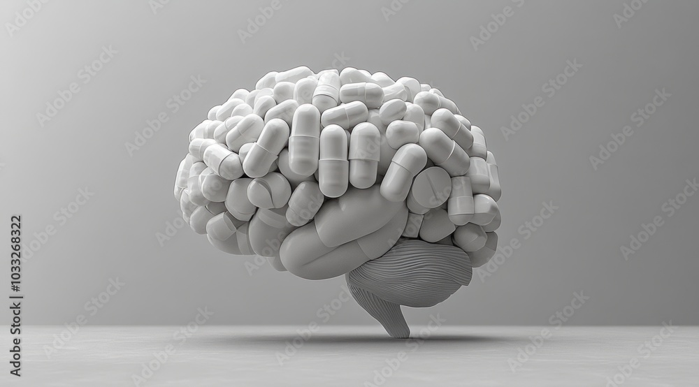 Medical Brain: A 3D Model of a Brain Composed of White Pills in a Minimalist Setting Medical Brain: A 3D Model of a Brain Composed of White Pills in a Minimalist Setting