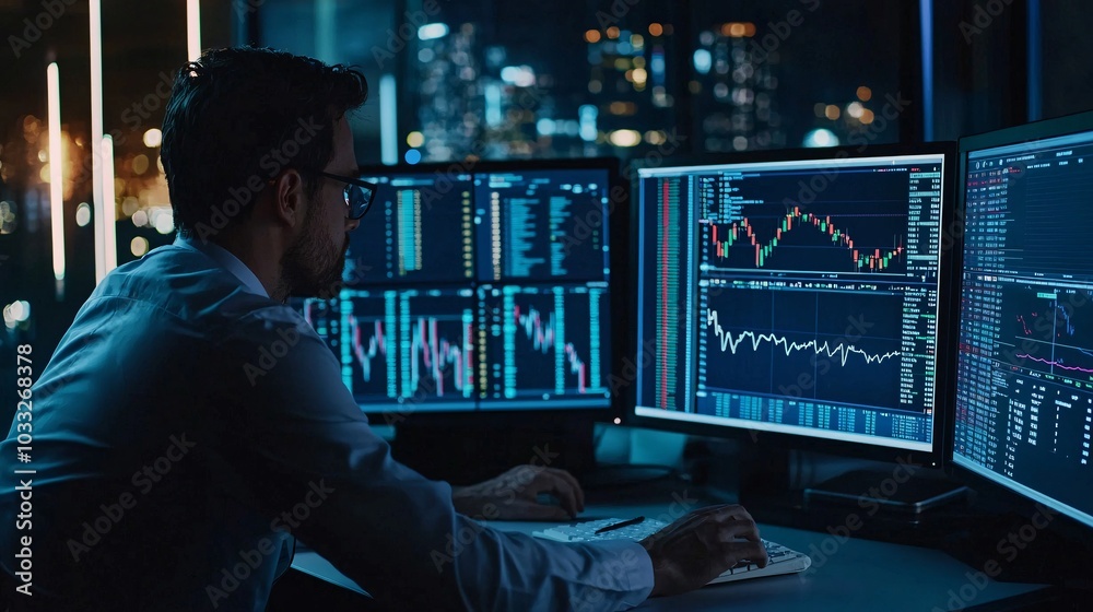A trader examines market data across several monitors displaying dynamic charts and graphs in a contemporary workspace.