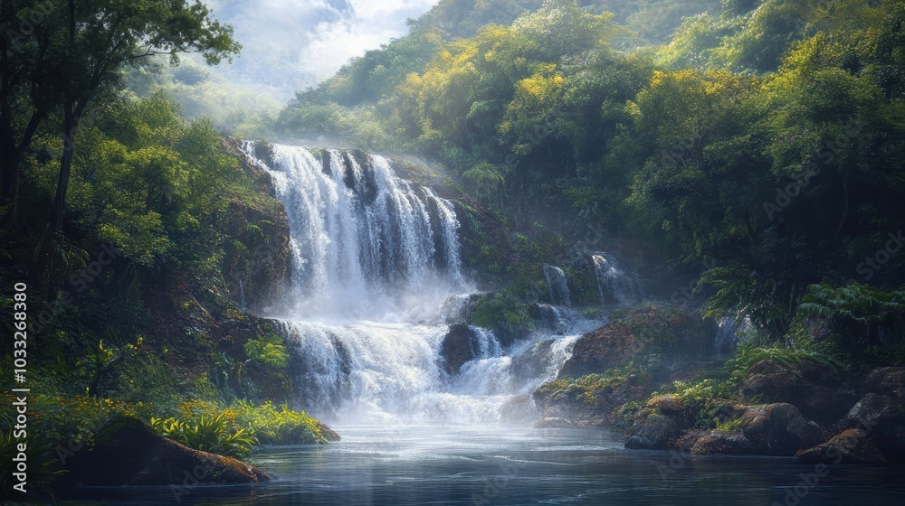 Waterfall cascading through lush green jungle. Waterfall cascading through lush green jungle.