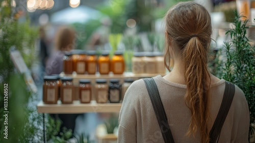 A woman thoughtfully browses through eco-friendly products that promote sustainable living at a bustling fair. photo