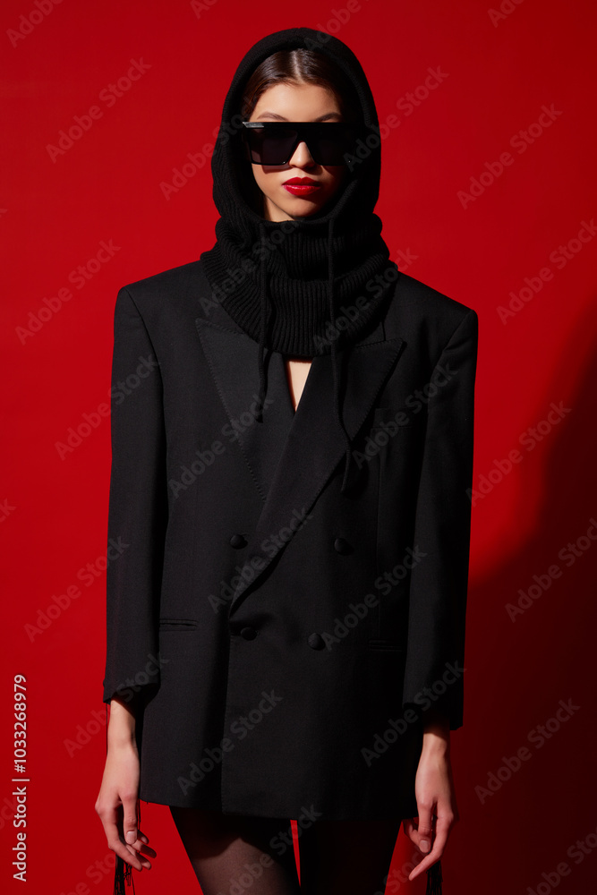 Fashion asian female model in black jacket, balaclava, trendy sunglasses. Red lips, red background. Fashion asian female model in black jacket, balaclava, trendy sunglasses. Red lips, red background.