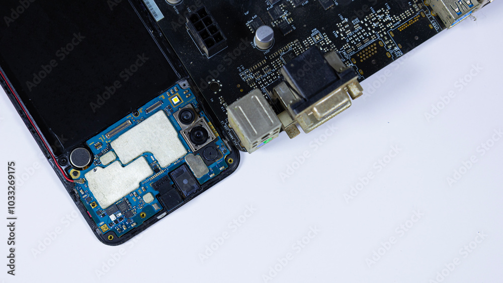 Electronic circuit board in mobile phone and mother board computer on white background. Smartphone tablet computer components. Electronics service and repair concept. Electronic circuit board in mobile phone and mother board computer on white background. Smartphone tablet computer components. Electronics service and repair concept.