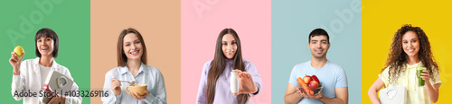 Set of people with healthy food on color background