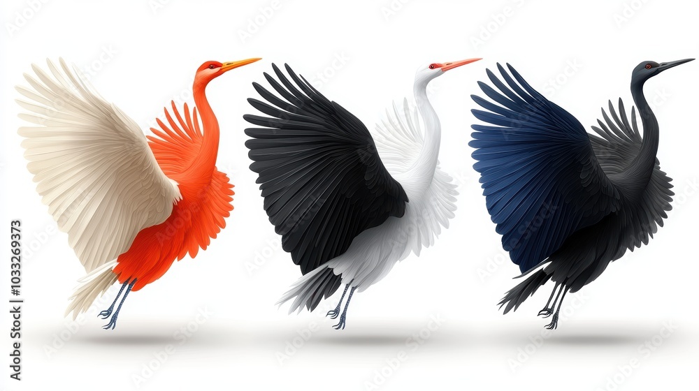 Obraz premium Three cranes with spread wings in flight.