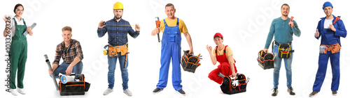 Set of plumbers on white ba...