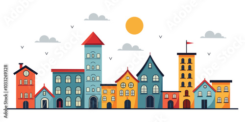 Colorful cartoon cityscape with diverse buildings