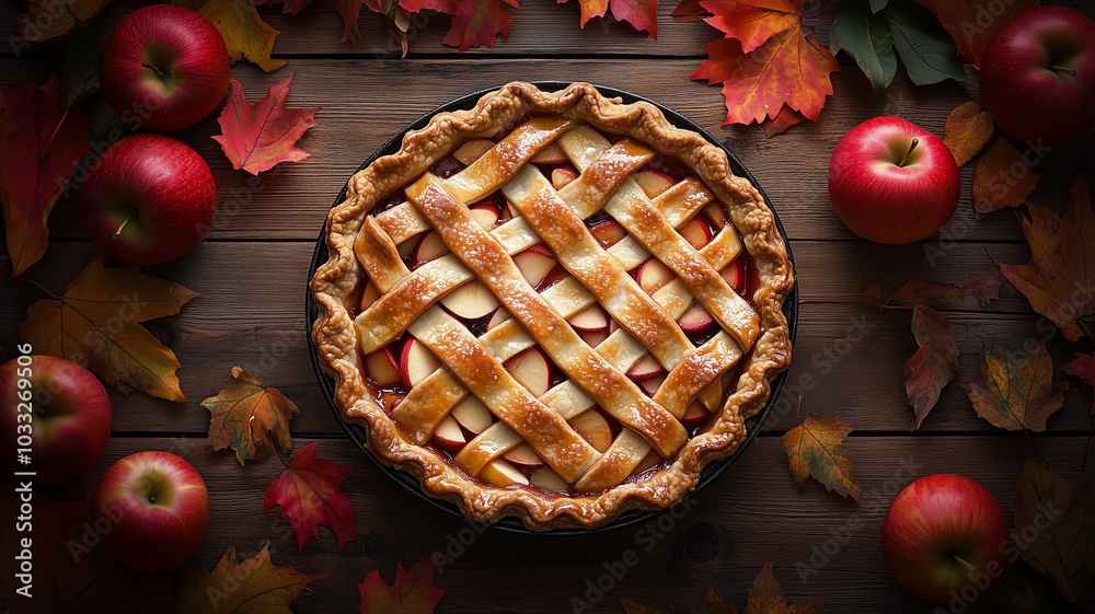 Delicious homemade apple pie on a wooden board surrounded by apples and autumn leaves. Thanksgiving or fall-themed food blogs and cookbooks. Delicious homemade apple pie on a wooden board surrounded by apples and autumn leaves. Thanksgiving or fall-themed food blogs and cookbooks.