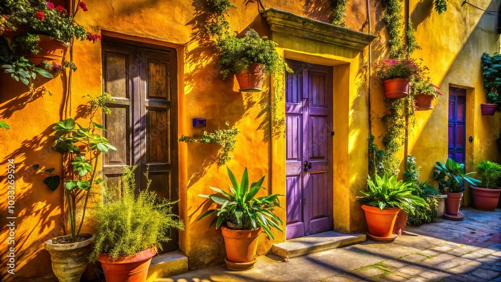 Vibrant Sunlight Illuminates A Sunny Yellow Wall Decorated With Potted Plants And Two Doors, One A Deep Purple Hue And The Other A Rich Wooden Brown Vibrant Sunlight Illuminates A Sunny Yellow Wall Decorated With Potted Plants And Two Doors, One A Deep Purple Hue And The Other A Rich Wooden Brown