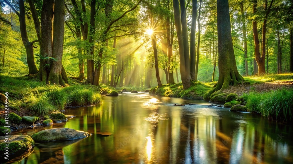 Obraz premium Peaceful forest scene with sunlight filtering through trees and babbling brook in background