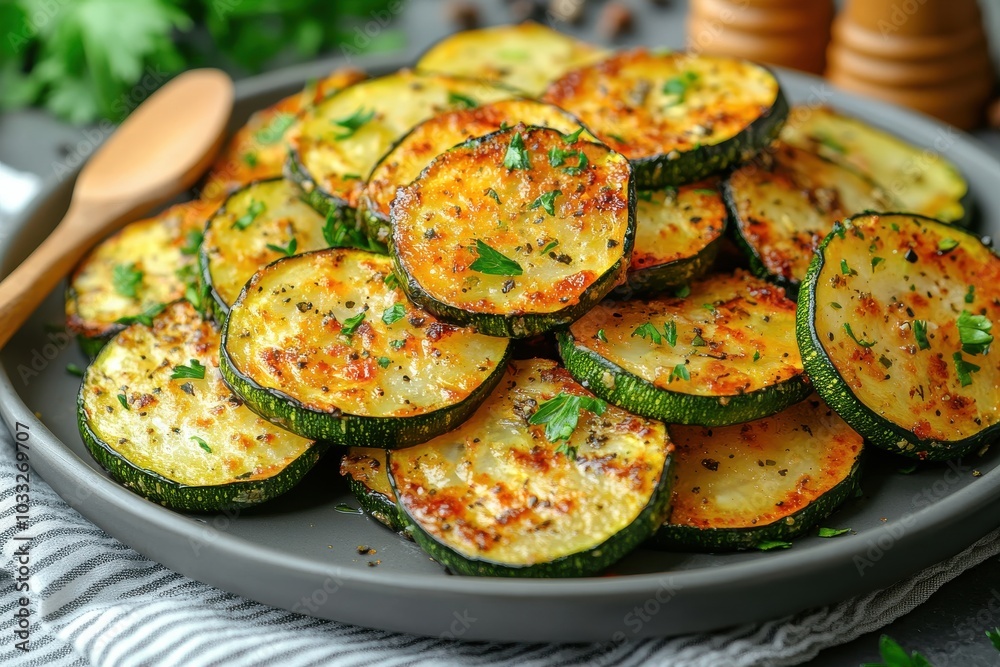 A plate of zucchini slices with parsley on top A plate of zucchini slices with parsley on top