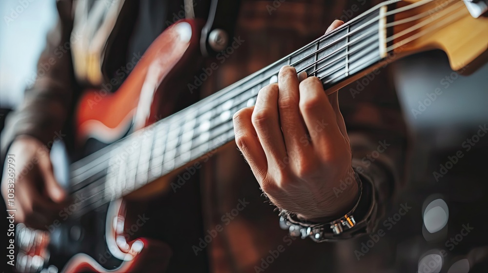 Obraz premium Close-up of a Person's Hand Playing an Electric Bass Guitar