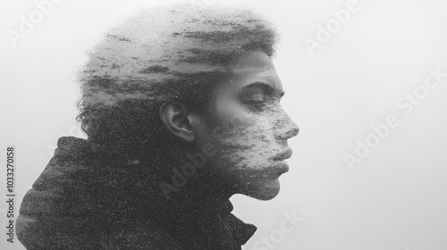 A double exposure portrait blending a person with a serene landscape.