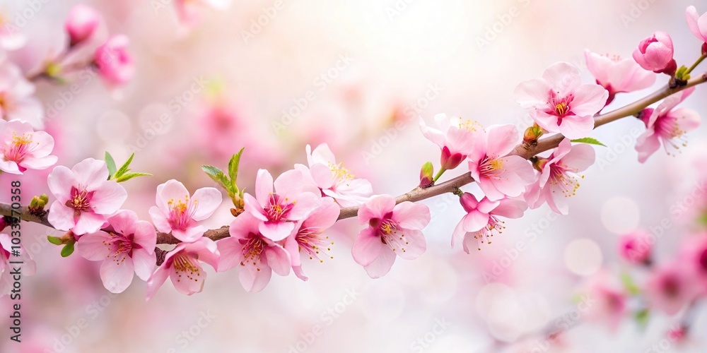 Peach fuzz cherry blossoms on white background with copy space and depth of field Peach fuzz cherry blossoms on white background with copy space and depth of field