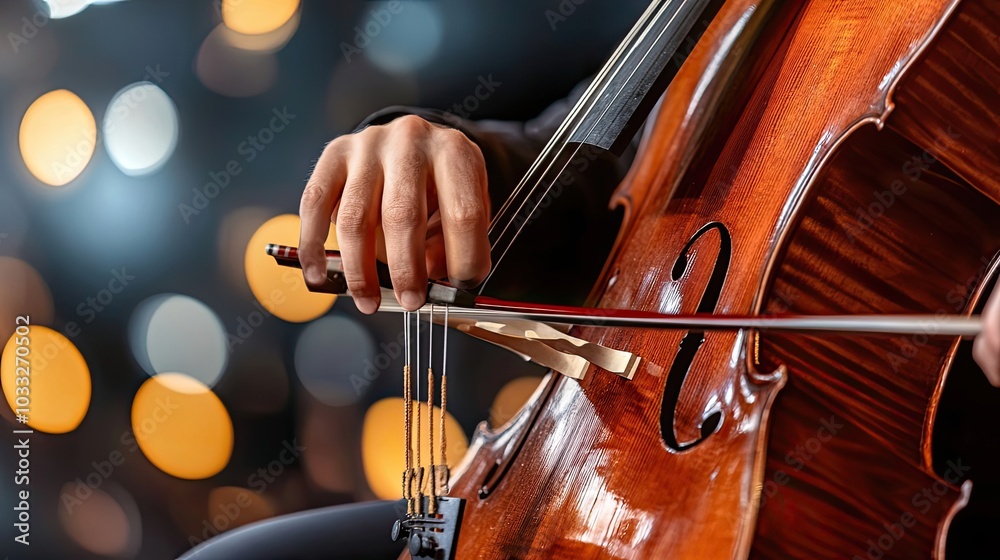 A Musician's Hand Holding a Cello Bow Over the Strings A Musician's Hand Holding a Cello Bow Over the Strings