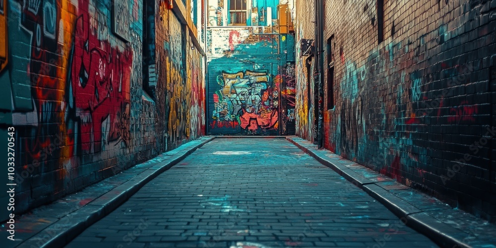 Narrow alley with colorful graffiti and brick walls. Narrow alley with colorful graffiti and brick walls.