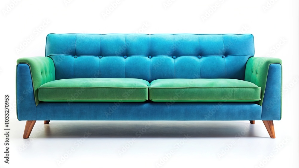 Blue green sofa from a low angle, isolated on white background
