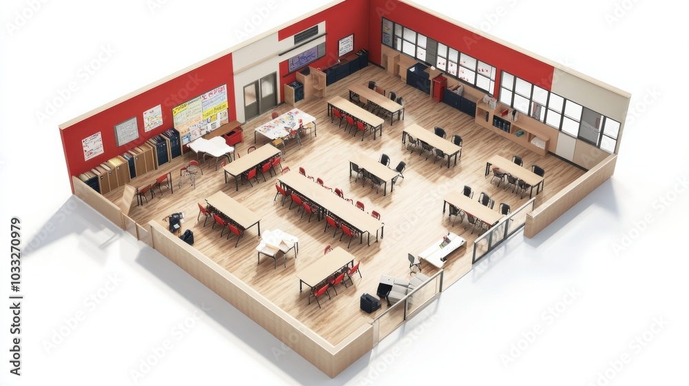 3D isometric floor plan of a high school with classrooms and recreational spaces 3D isometric floor plan of a high school with classrooms and recreational spaces