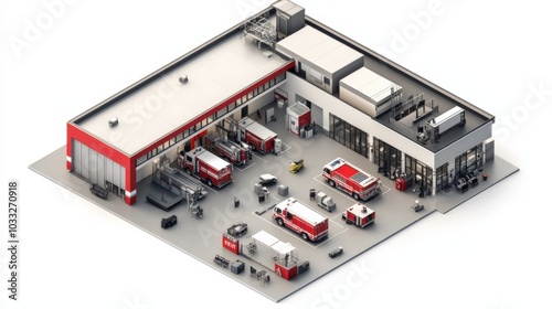 3D isometric floor plan of a fire station with truck bays and living quarters
