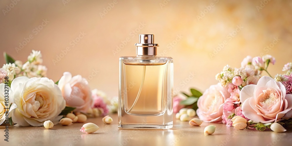 Perfume bottle on beige background with minimal flowers Perfume bottle on beige background with minimal flowers