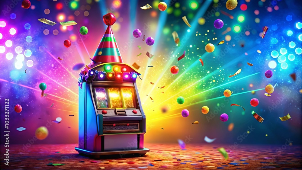 A Festive Slot Machine Adorned with a Party Hat Amidst a Whirlwind of Confetti and Colorful Lights