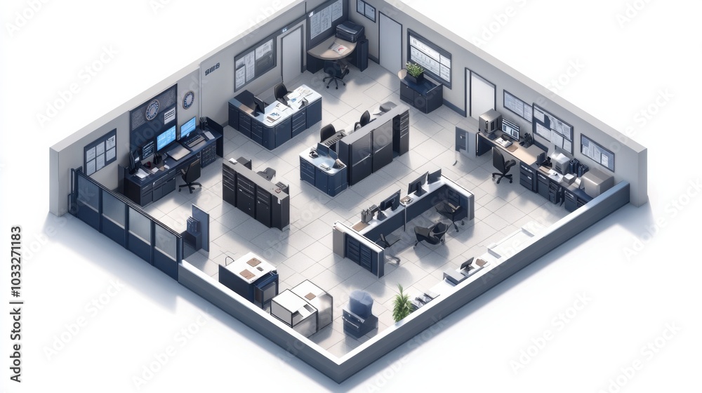 3D isometric floor plan of a police station with offices and holding cells 3D isometric floor plan of a police station with offices and holding cells