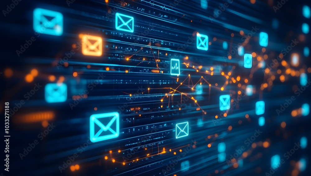 Inexplicable virtual tabletop, close-up of icons floating above in the air showing an email network connection between multiple people on a digital screen, Inexplicable virtual tabletop, close-up of icons floating above in the air showing an email network connection between multiple people on a digital screen,