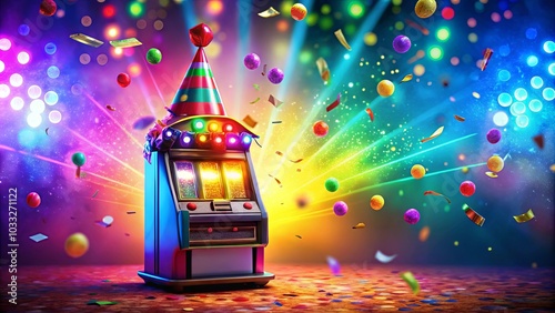 Obraz na płótnie A Festive Slot Machine Adorned with a Party Hat Amidst a Whirlwind of Confetti and Colorful Lights w salonie