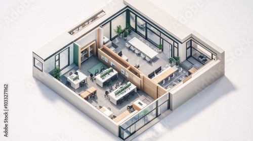 3D isometric floor plan of a post office featuring a service counter and sorting area