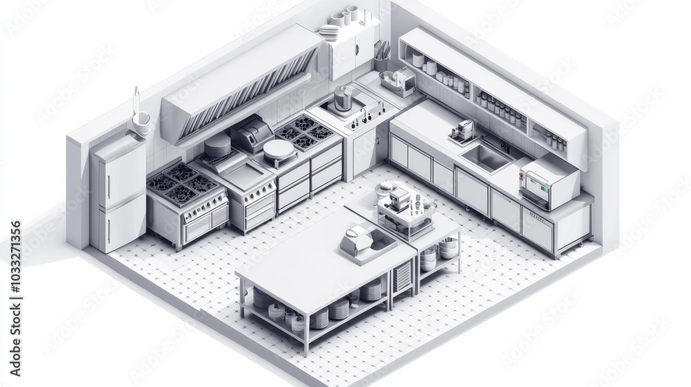 3D isometric floor plan of a restaurant kitchen with efficient cooking stations