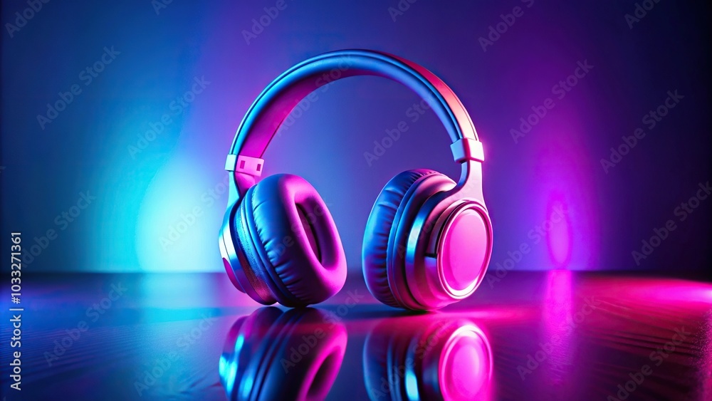 blue headphones on reflective surface with pink and blue neon lights blue headphones on reflective surface with pink and blue neon lights