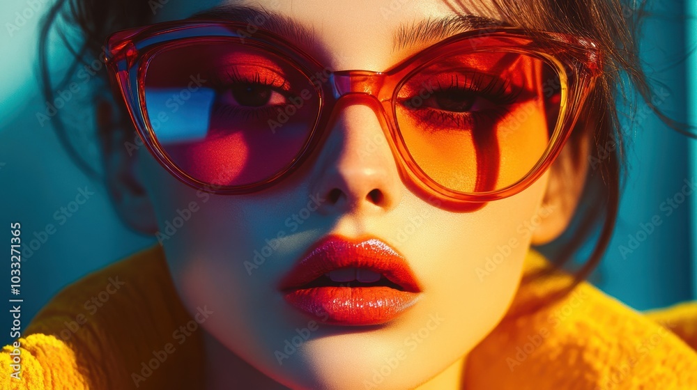 Close-up of woman wearing orange sunglasses. Close-up of woman wearing orange sunglasses.