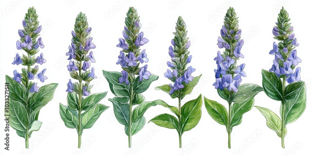 Naklejka premium Six watercolor paintings of purple flowers.