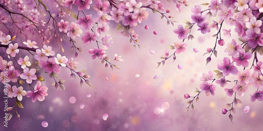 Delicate pink blossoms gently cascade against a soft purple sky, their petals scattering like a gentle rain, a visual symphony of spring's arrival. Delicate pink blossoms gently cascade against a soft purple sky, their petals scattering like a gentle rain, a visual symphony of spring's arrival.