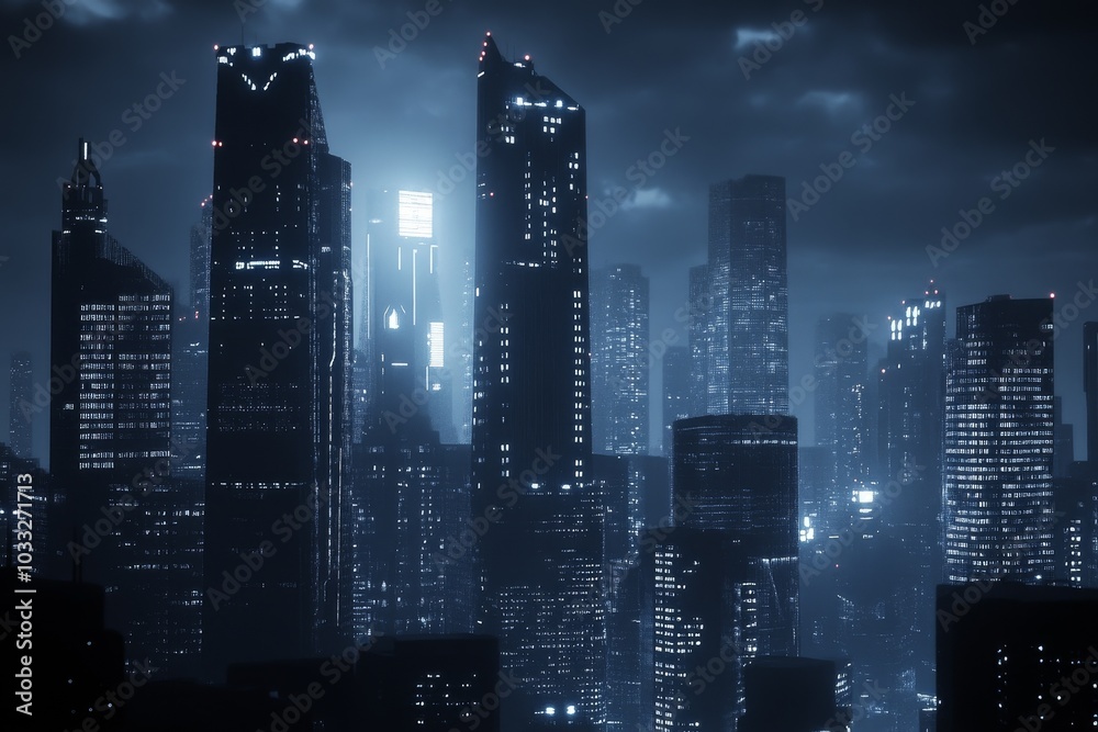 A futuristic cityscape with tall skyscrapers illuminated by a bright light in the distance. A futuristic cityscape with tall skyscrapers illuminated by a bright light in the distance.