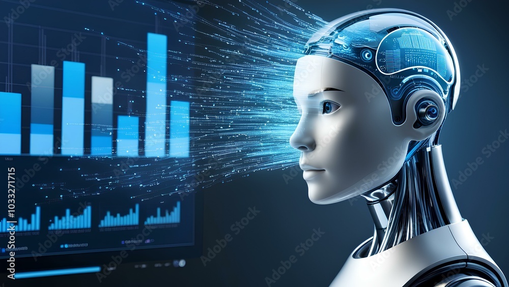 A sleek humanoid AI head on a high-tech stand, glowing data streams cascade from the chipset. The background displays virtual charts and graphs visualizing processed data. A sleek humanoid AI head on a high-tech stand, glowing data streams cascade from the chipset. The background displays virtual charts and graphs visualizing processed data.