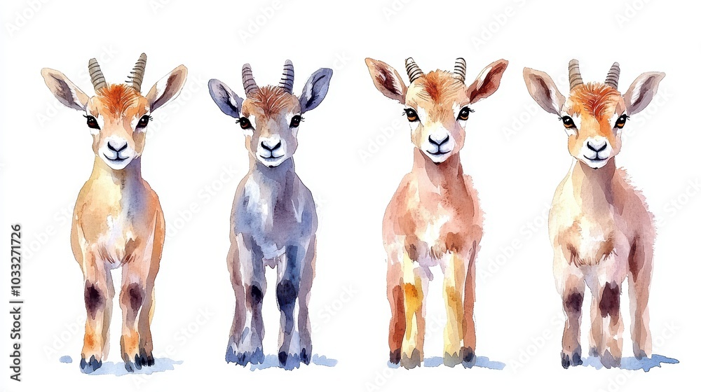 Four watercolor paintings of young goats. Four watercolor paintings of young goats.