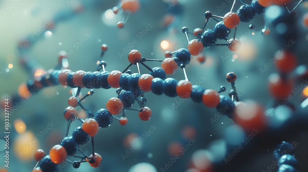A Macro View of a Molecular Structure with Orange and Blue Spheres Connected by Thin Black Rods