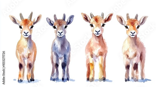 Four watercolor paintings of young goats.