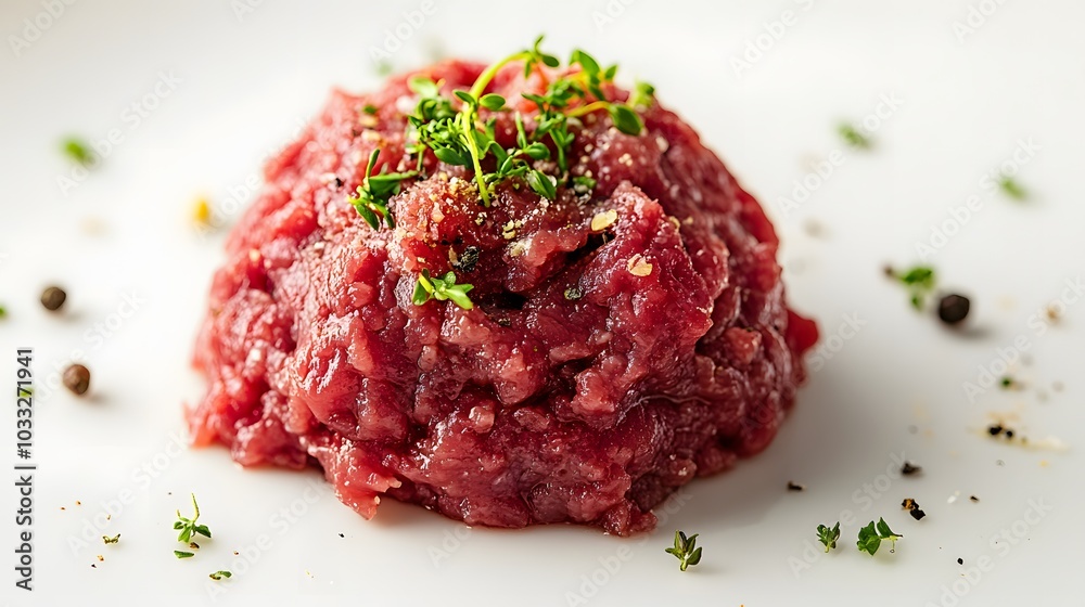 raw minced beef with herb isolated on white background. raw minced beef with herb isolated on white background.