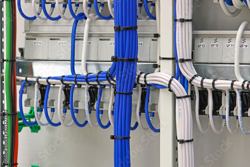 The reverse side of the electrical switchboard. The connected wires are tied with plastic ties.