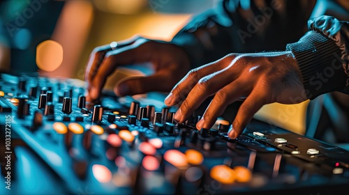 A Close-Up of a Person's Hand Mixing Music on a Soundboard