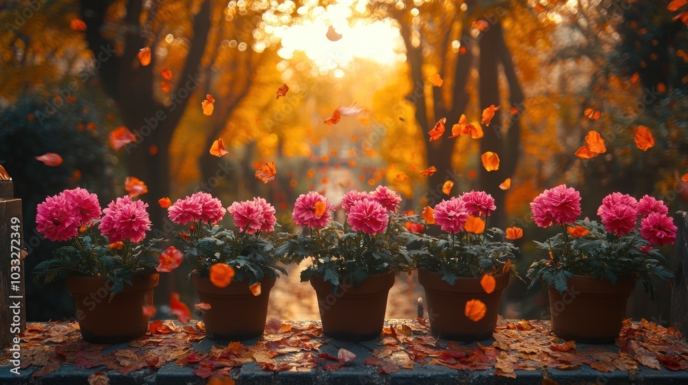 Vibrant flowers in pots amidst falling autumn leaves at sunset. Vibrant flowers in pots amidst falling autumn leaves at sunset.