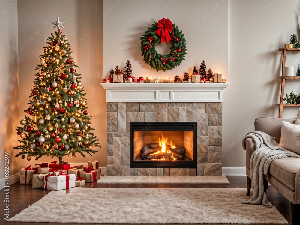 Natural Gas Fireplace with fully decorated Christmas tree in living room of home during holidays Natural Gas Fireplace with fully decorated Christmas tree in living room of home during holidays