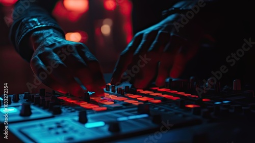 Wallpaper Mural Close-up of Hands Manipulating a Music Production Controller with Red and Blue Lights Torontodigital.ca
