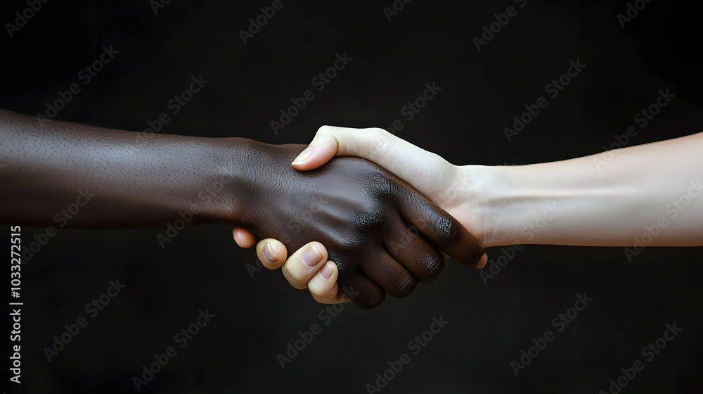 Two hands shaking hands, one white and one black Two hands shaking hands, one white and one black