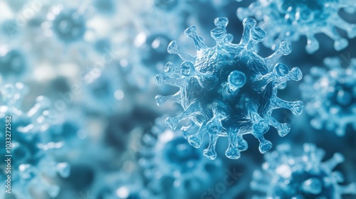 Three-dimensional of a light blue adenovirus with other viral elements