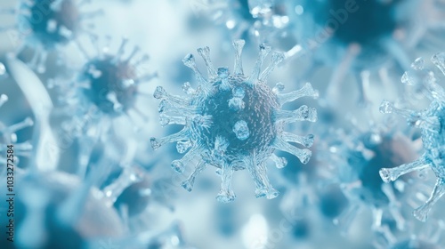 Three-dimensional of a light blue adenovirus with other viral elements